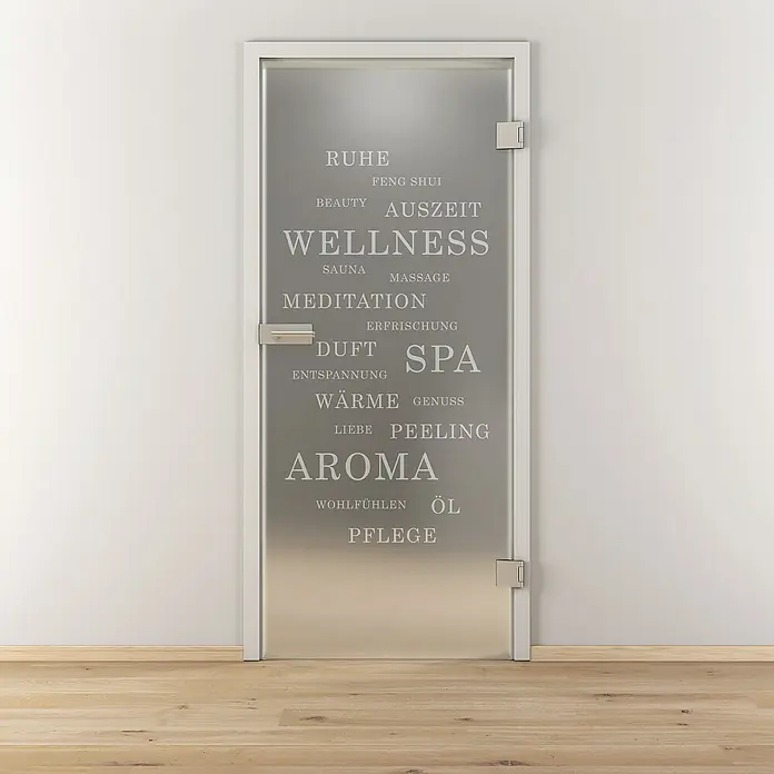 Diamond Doors Glasdrehtür 621834 x 1.972 mm, DIN Anschlag: Rechts, Milchglas - Ein Milchglastür mit weißen Rahmen und Wellness-Motiven, die für eine entspannende Atmosphäre im Spa-Bereich sorgt.