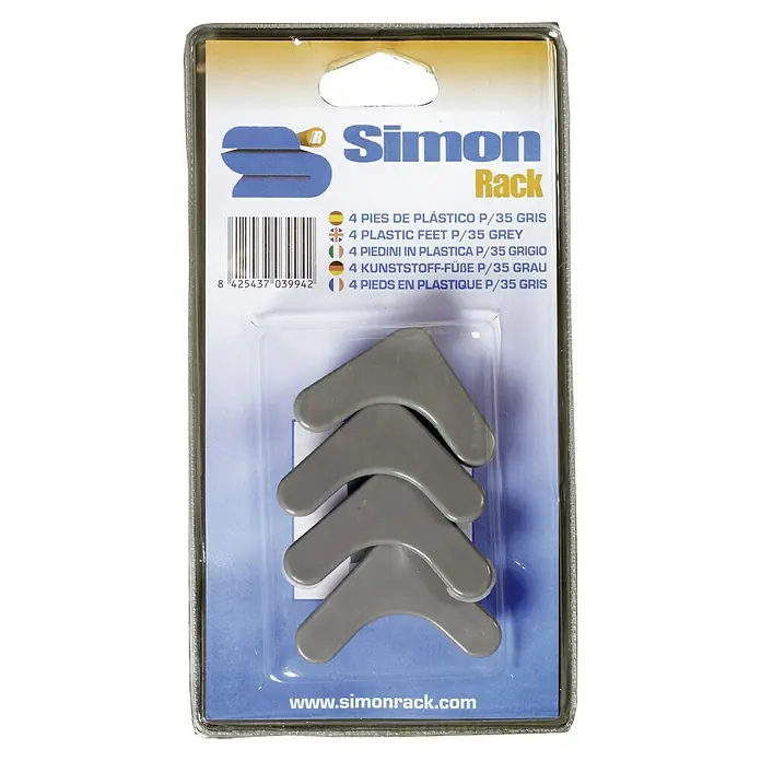 Simonrack Pie de estantería 35 mm - Gris, 4 ud. - Paquete de cuatro pies de plástico gris Simon Rack P/35, ideal para estanterías y otros muebles que necesitan soporte adicional.