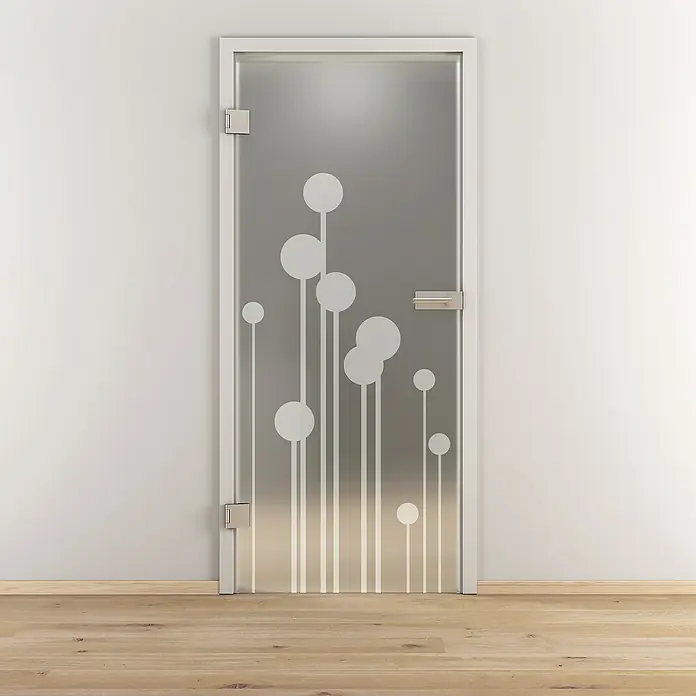 Diamond Doors Glasdrehtür 611 - 709 x 1.972 mm, DIN Anschlag: Links, Milchglas - Eine moderne Glastür mit einem abstrakten, floralen Muster, das aus Kreisen und Linien besteht, ideal für stilvolle Innenräume.