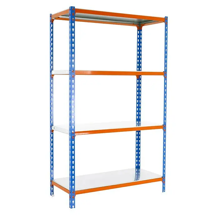 Simonrack Simonclick Metallregal Simonclick Plus - H x B x T: 150 x 90 x 50 cm, Traglast pro Boden: 180 kg, Anzahl Böden: 4 Stk., Stecken, Blau/Orange/Silber - Ein blau-oranges Metallregal mit vier Regalböden. Das Regal ist leer und steht vor einem schwarzen Hintergrund.