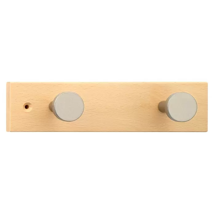 Inofix Perchero 3712 - L x An x Al: 231 x 60 x 60 mm, Madera, Haya - Perchero de madera clara con dos pomos redondos plateados y un orificio de montaje.