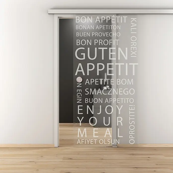Diamond Doors Glasschiebetür 625 - 935 x 2.058 mm, Einscheibensicherheitsglas (ESG), Klarglas - Elegante Schiebetür mit dem Schriftzug "Guten Appetit" in verschiedenen Sprachen, ideal für Küche oder Esszimmer.