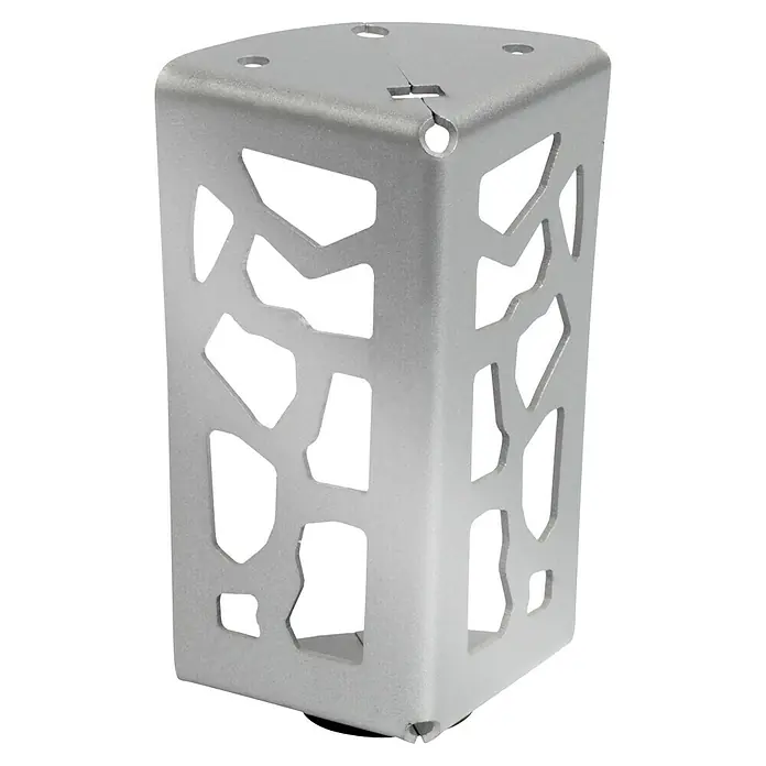 Rei Pata para muebles Trencadís - L x An x Al: 4,6 x 5,7 x 10 cm, Acero, Cromo - Primer plano de una pata de mueble decorativa de color plateado con un llamativo patrón recortado, sobre un fondo negro.