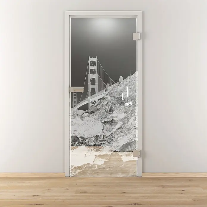 Diamond Doors Glasdrehtür 615 - 709 x 1.972 mm, DIN Anschlag: Rechts, Einscheibensicherheitsglas (ESG) - Die Glastür mit dem Bild der Golden Gate Bridge ist ein modernes und stilvolles Einrichtungselement. Sie trennt Räume auf elegante Weise.