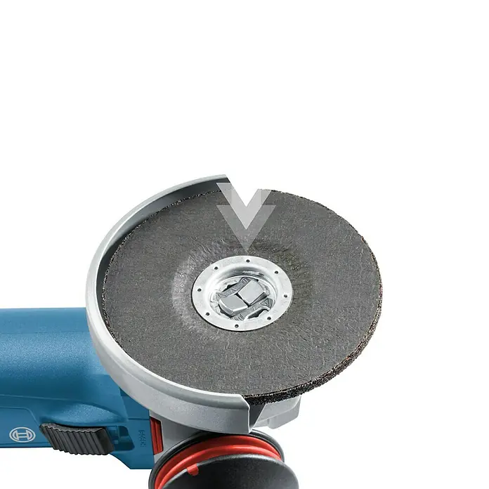 Bosch Professional X-Lock Amoladora angular eléctrica GWX 10-125 - 1.000 W, Diámetro disco: 125 mm, Número de revoluciones de marcha en vacío: 11.000 r.p.m. - La imagen muestra una amoladora angular con un disco de corte acoplado, ideal para cortar y pulir metal y piedra.