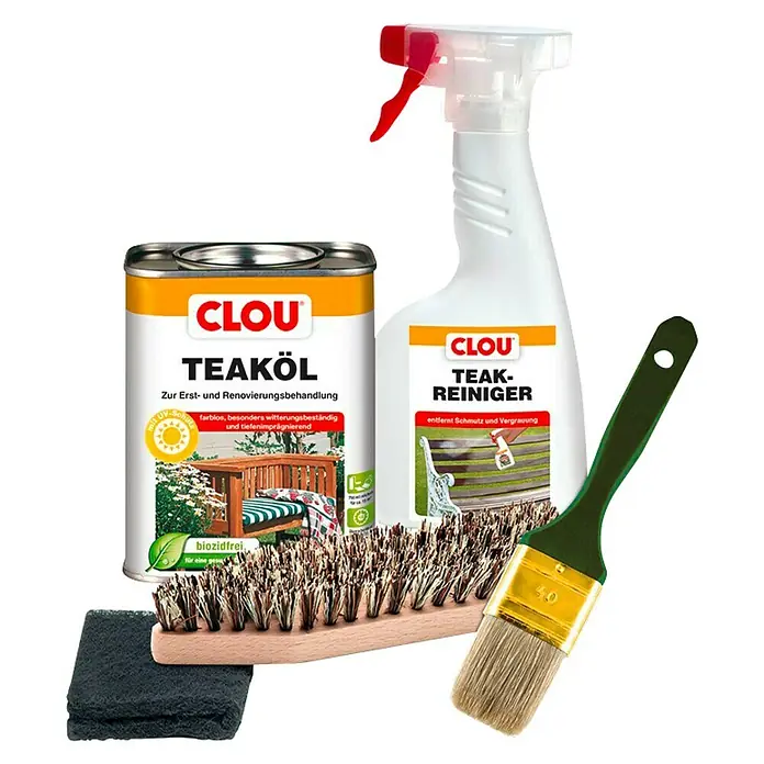 Clou Pflege-Set Teakholz-Pflegeset - 5 -tlg. - Produktbild von Clou Teaköl, Teak Reiniger, Bürste und Schwamm für die Holzpflege im Außenbereich.
