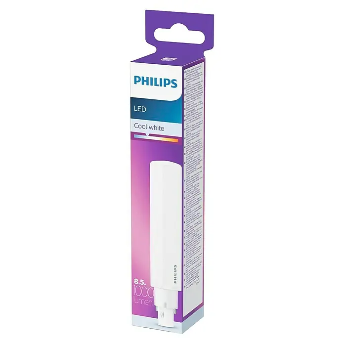 Philips Tubo fluorescente LED PLC - Largo: 14,76 cm, Blanco neutro, 8,5 W, 1.000 lm - Imagen de una lámpara LED de Philips en su embalaje, etiquetada como "Cool white". La lámpara es para iluminación blanca fría.