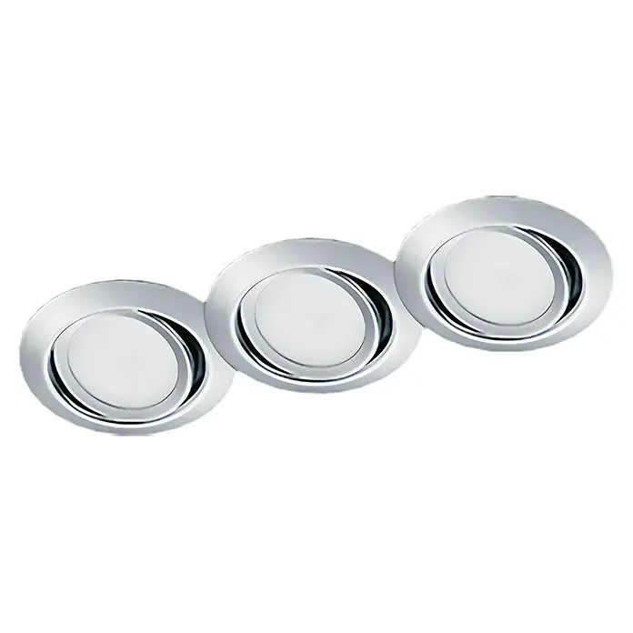Trio Lighting Set de focos LED empotrables Rila - 5 W, Color de luz: Blanco cálido, Diámetro: 8,2 cm, Cromo, 3 ud. - Primer plano de tres luces LED empotradas, redondas y modernas, con marcos plateados, que emiten una luz brillante y uniforme.