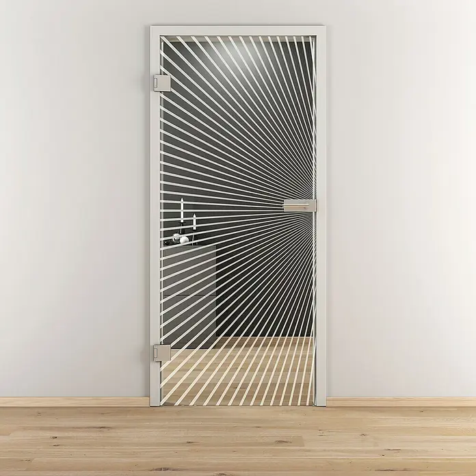 Diamond Doors Glasdrehtür 612 - 709 x 1.972 mm, DIN Anschlag: Links, Klarglas - Elegante Glastür mit auffälligem Streifenmuster, die Licht und Design perfekt kombiniert und jedem Raum eine moderne Note verleiht.