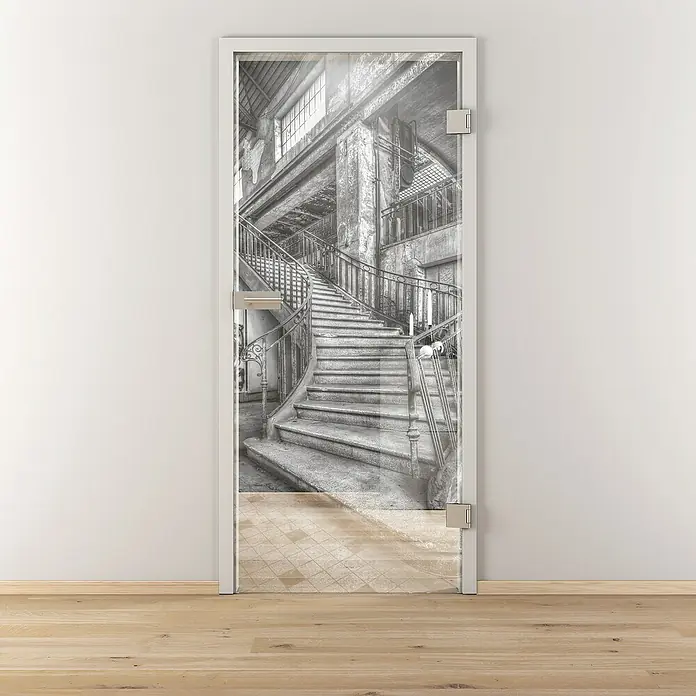 Diamond Doors Glasdrehtür 616 - 709 x 1.972 mm, DIN Anschlag: Rechts, Einscheibensicherheitsglas (ESG) - Tür mit Treppenmotiv. Die Tür mit dem aufgedruckten Treppenhaus ist ein echter Hingucker und verleiht dem Raum eine besondere Note.