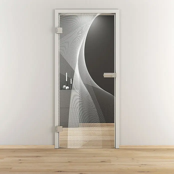 Diamond Doors Glasdrehtür 634 - 834 x 1.972 mm, DIN Anschlag: Links, Klarglas - Elegante Glastür mit abstraktem Design.