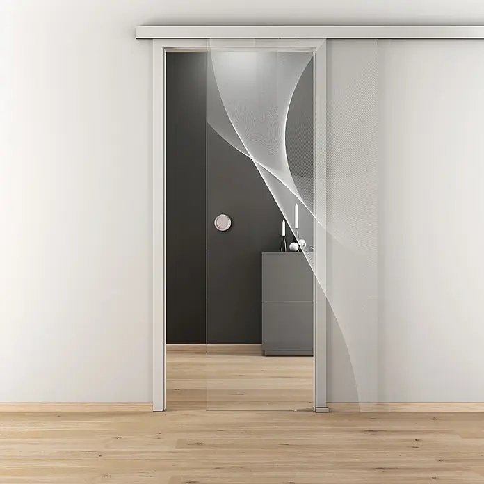 Diamond Doors Glasschiebetür 623 - 935 x 2.058 mm, Einscheibensicherheitsglas (ESG), Klarglas - Schiebetür mit abstraktem Design, teilweise geöffnet, Einblick in ein modernes Interieur. Schlichte Eleganz für ein stilvolles Zuhause.