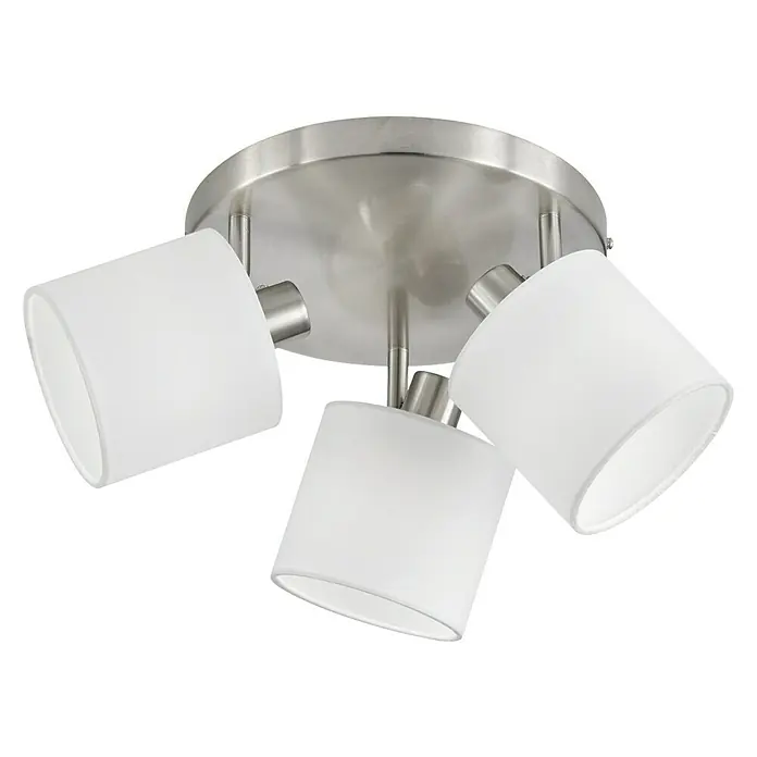 Reality Leuchten Tommy Deckenstrahler - 84 W, L x B x H: 25 x 25 x 19 cm, Nickel-matt, E14, 3 Stk. - Deckenleuchte mit drei weißen Lampenschirmen und silberner Halterung für eine moderne Beleuchtungslösung.