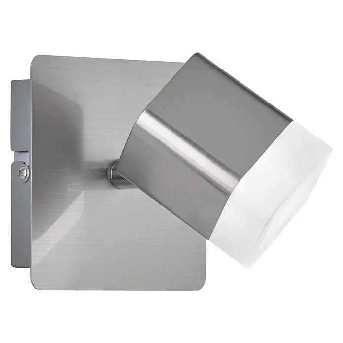 Reality Leuchten Roubaix LED-Deckenstrahler - 4 W, L x B x H: 10 x 10 x 11,5 cm, Nickel-matt, Warmweiß, 1 Stk. - Nahaufnahme einer modernen, silbernen Wandleuchte mit weißem Diffusor vor schwarzem Hintergrund.