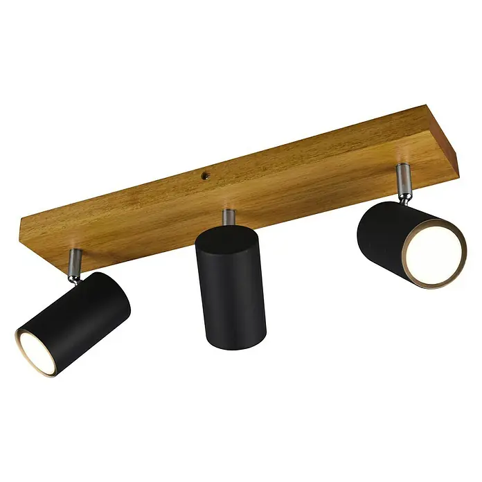 Trio Leuchten Marley Deckenstrahler - 105 W, L x B x H: 9 x 44 x 16 cm, Schwarz, GU10, 3 Stk. - Deckenleuchte mit drei schwarzen Strahlern an einer Holzleiste. Moderne Beleuchtung für Wohnräume, die ein warmes, einladendes Ambiente schaffen.