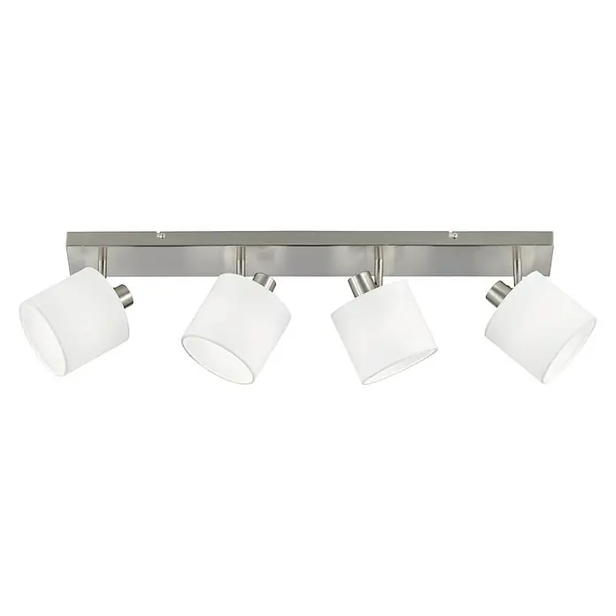 Reality Leuchten Tommy Deckenstrahler - 112 W, L x B x H: 17,6 x 70 x 19 cm, Nickel-matt, E14, 4 Stk. - Silberne Deckenleuchte mit vier weißen Lampenschirmen, ideal für moderne Innenräume und eine gezielte Beleuchtung.