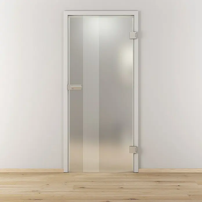 Diamond Doors Glasdrehtür 594 - 834 x 1.972 mm, DIN Anschlag: Rechts, Milchglas - Eine moderne, satinierte Glastür mit schlichtem, weißem Rahmen und elegantem Griff.