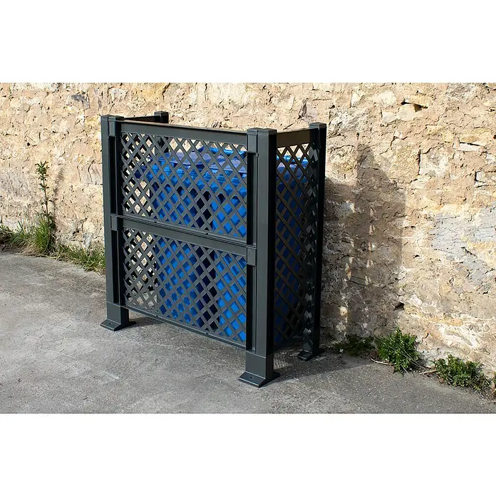 KHW Mülltonnenbox Verkleidung - 119 x 49 x 100 cm, Kunststoff, Anthrazit - Ein stilvoller Mülltonnenbox-Verkleidung aus dunklem Metall mit dekorativem Gittermuster, die Funktionalität mit Ästhetik verbindet.