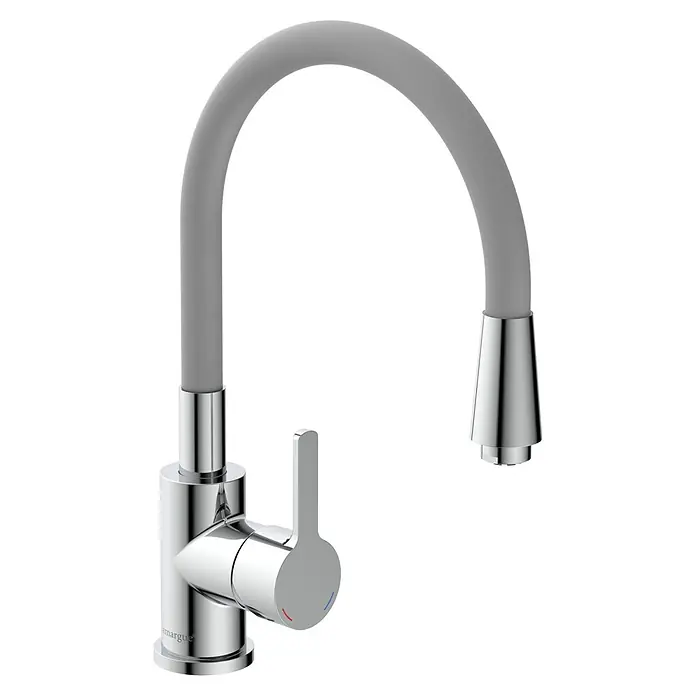 Camargue Spültischarmatur Flexo - Niederdruck, Grau/Chrom, Glänzend - Nahaufnahme eines modernen Küchenarmatur mit flexiblem, grauem Auslauf und verchromtem Sockel. Elegantes Design für jede Küche.