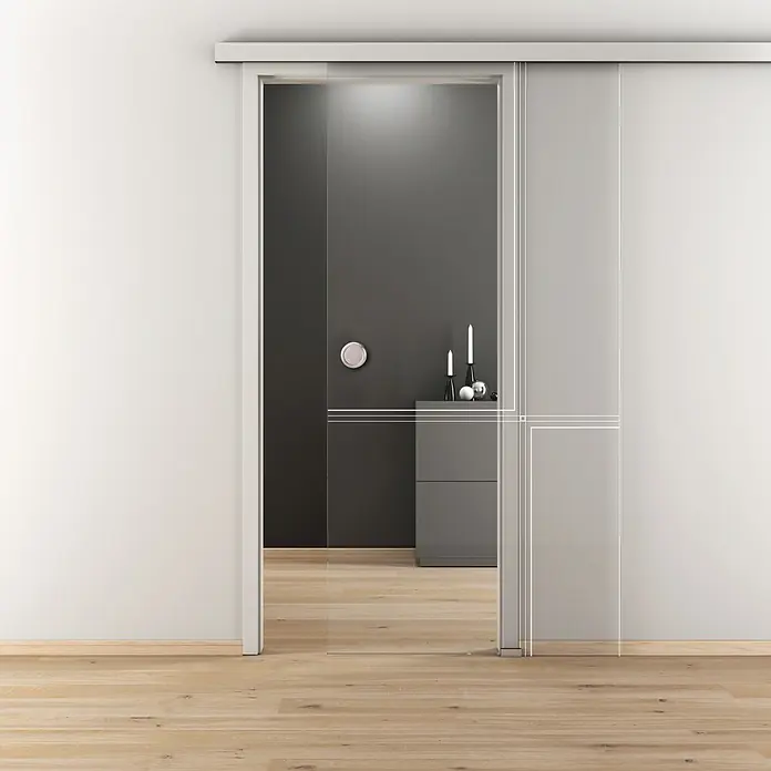 Diamond Doors Glasschiebetür 610 - 935 x 2.058 mm, Einscheibensicherheitsglas (ESG), Klarglas - Ein elegantes Schiebetürsystem aus Glas mit minimalistischem Design, das moderne Innenräume stilvoll ergänzt und für Offenheit sorgt.