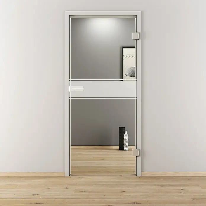 Diamond Doors Glasdrehtür 593 - 709 x 1.972 mm, DIN Anschlag: Rechts, Klarglas - Moderne Glastür mit weißem Rahmen. Die Tür ist teilweise satiniert und gibt den Blick in den Raum frei. Ideal für ein helles und stilvolles Interieur.