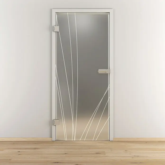 Diamond Doors Glasdrehtür 559 - 834 x 1.972 mm, DIN Anschlag: Links, Milchglas - Moderne Glastür mit silbernem Rahmen und linearem Design. Die Tür ergänzt das minimalistische Interieur perfekt.