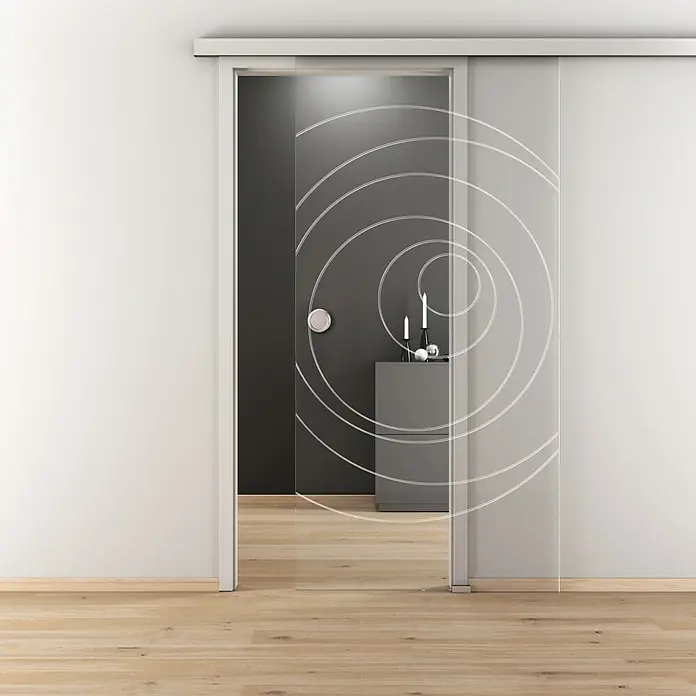 Diamond Doors Glasschiebetür 585 - 935 x 2.058 mm, Einscheibensicherheitsglas (ESG), Klarglas - Das Bild zeigt eine moderne Glasschiebetür mit einem eleganten, kreisförmigen Design in einem stilvollen Interieur.