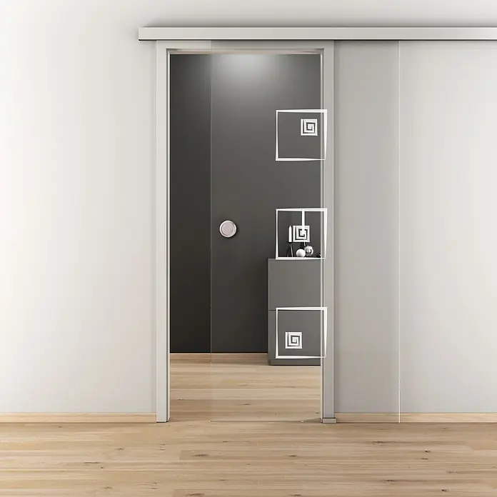 Diamond Doors Glasschiebetür 587 - 935 x 2.058 mm, Einscheibensicherheitsglas (ESG), Klarglas - Elegante Glasschiebetür mit modernem Muster. Die Schiebetür ist aus Klarglas und hat ein quadratisches Dekor, das dem Raum einen stilvollen Touch verleiht.