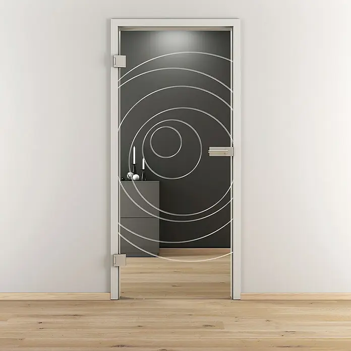 Diamond Doors Glasdrehtür 585 - 834 x 1.972 mm, DIN Anschlag: Links, Einscheibensicherheitsglas (ESG) - Diese Glastür verfügt über ein elegantes, spiralförmiges Design und Beschläge aus Edelstahl und verleiht jedem Raum einen modernen Touch.