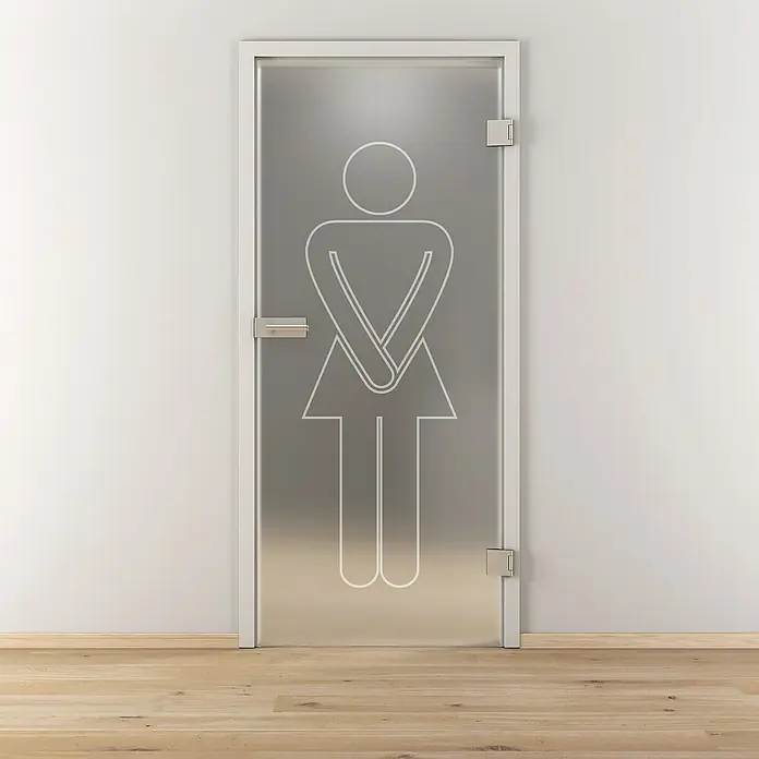 Diamond Doors Glasdrehtür 628 - 834 x 1.972 mm, DIN Anschlag: Rechts, Einscheibensicherheitsglas (ESG) - Auf der Glastür mit weiblichem Symbol ist ein Griff und Scharniere angebracht. Das WC-Schild ist in einer hellen Farbe gehalten.