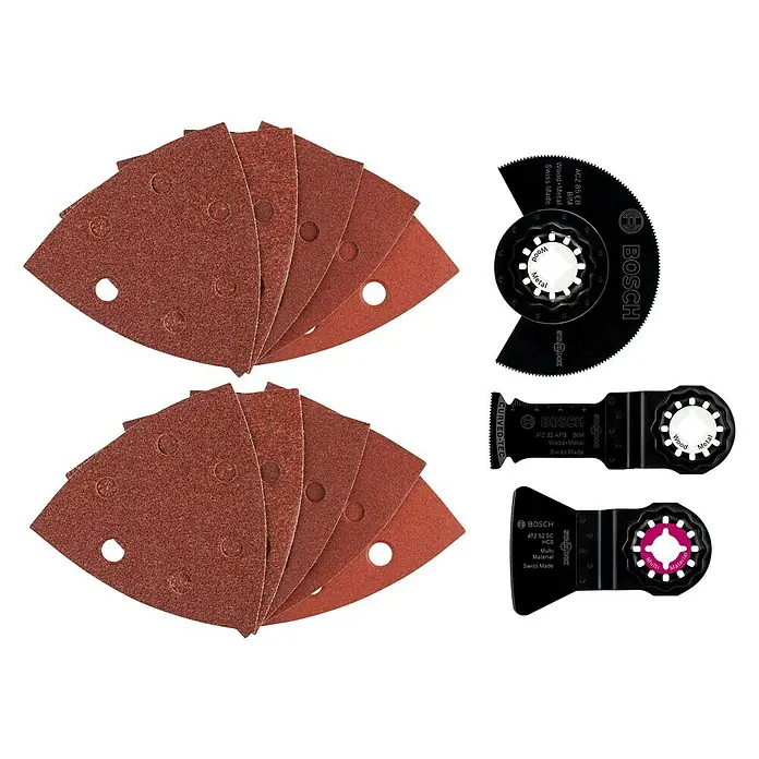 Bosch Kit de accesorios para multiherramientas - 22 pzs., Madera / metal / plástico - La imagen muestra papel de lija y varias hojas de sierra Bosch, incluidas hojas para madera y metal, para una versatilidad óptima.