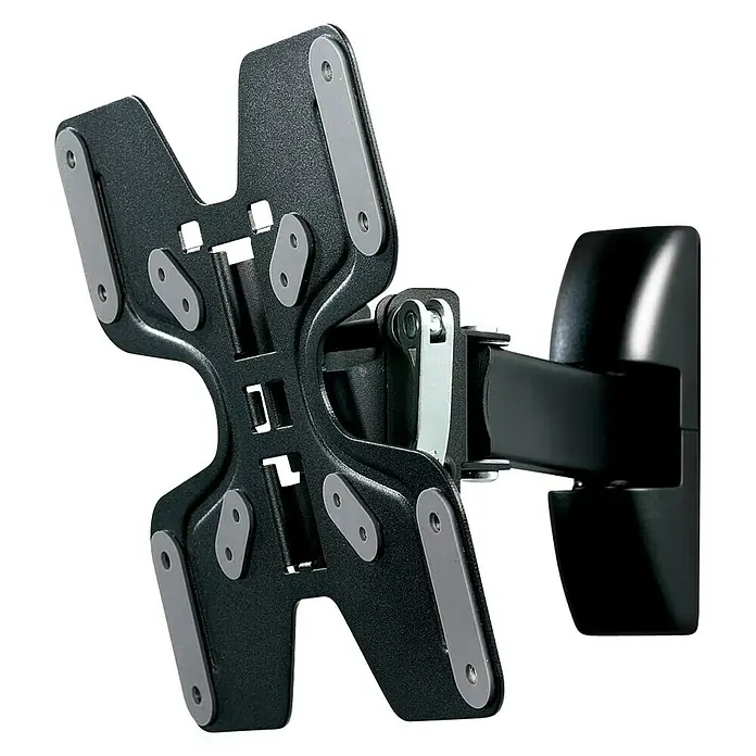 Luceco Soporte para televisor LNSA200-RO - Norma Vesa 200x200, 25 kg - Primer plano de un soporte de pared negro para TV con detalles plateados, que ofrece una sujeción segura para tu televisor.