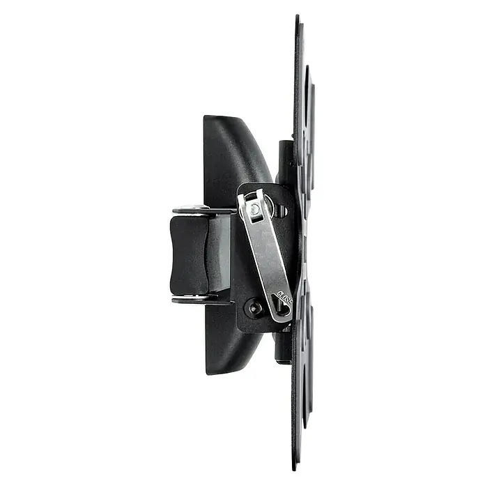 Luceco Soporte para televisor LNSA200-RO - Norma Vesa 200x200, 25 kg - Primer plano de un soporte de pared negro para TV con un mecanismo de bloqueo plateado, que garantiza la estabilidad.