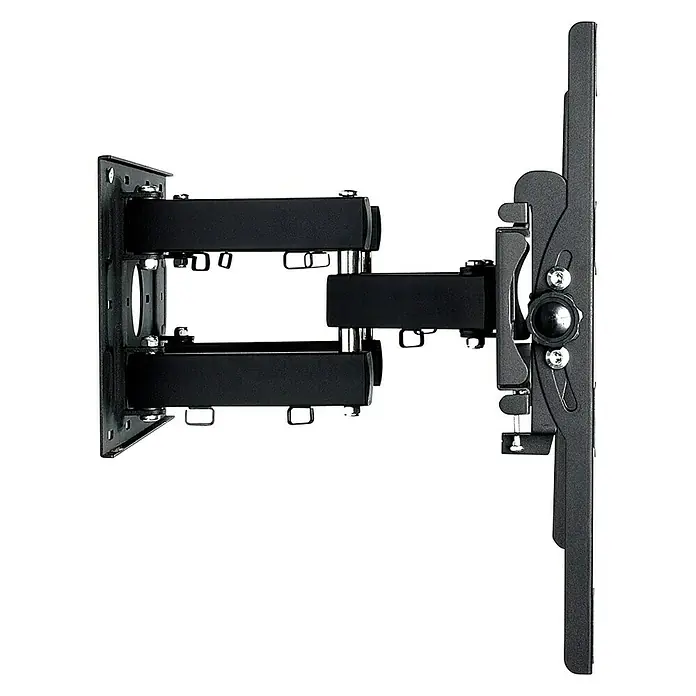 Luceco Soporte para televisor LNRFM600XL-RO - Norma Vesa 600x400, 40 kg - Primer plano de un soporte de pared para TV negro de movimiento completo sobre un fondo negro, lo que permite un posicionamiento de visualización flexible.