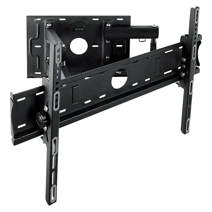 Luceco Soporte para televisor LNRFM600XL-RO - Norma Vesa 600x400, 40 kg - Primer plano de un soporte de pared para TV negro y ajustable sobre un fondo negro. El soporte está diseñado para la instalación en pared.