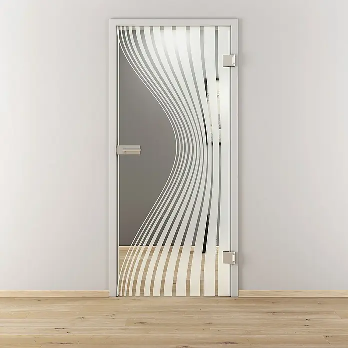 Diamond Doors Glasdrehtür 543 - 834 x 1.972 mm, DIN Anschlag: Rechts, Klarglas - Elegante Glastür mit abstraktem Streifenmuster. Die Tür verfügt über hochwertige Beschläge und einen modernen Türgriff, passend für stilvolle Innenräume.