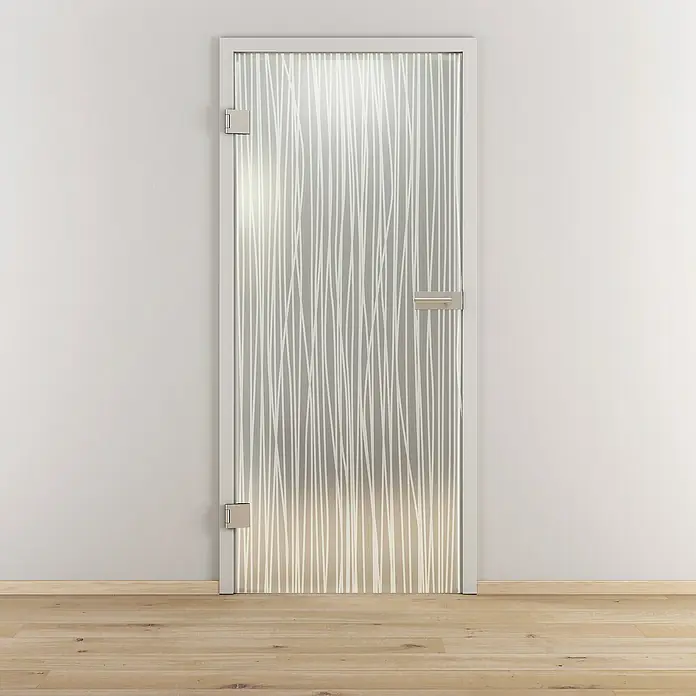 Diamond Doors Glasdrehtür 551 - 959 x 1.972 mm, DIN Anschlag: Links, Milchglas - Eine moderne Glastür mit einem abstrakten, weißen Muster, ideal für ein stilvolles Interieur. Der Türrahmen ist in einem dezenten Grau gehalten.