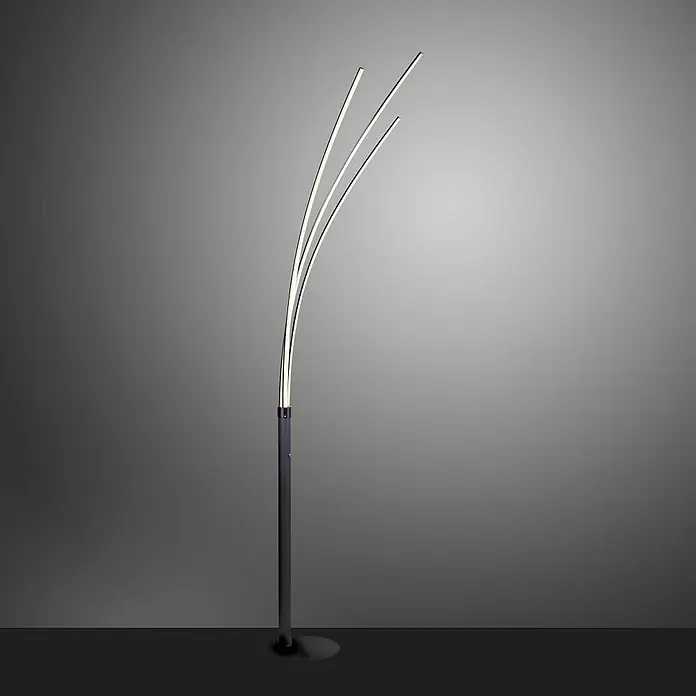 Lámpara de pie LED Maja - 21 W, Altura: 215 cm, Negro, Blanco cálido - Elegante lámpara de pie con un diseño minimalista y tres elementos de luz curvos, que ofrece una iluminación ambiental cálida.