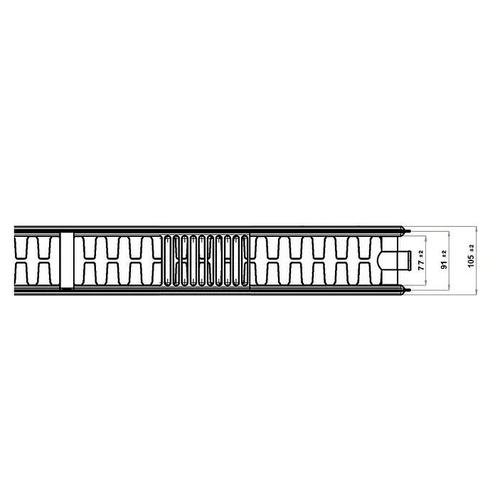 Flachheizkörper - B x H: 1.100 x 600 mm, Wärmeleistung bei Vorlauftemperatur von 75 °C (D: 50): 1.818 W, Typ Heizkörper: 22 - Abbildung eines Querschnitts eines Wärmetauschers mit Abmessungen. Ein detailiertes Bild der Kühltechnologie, das die Effizienz hervorhebt.
