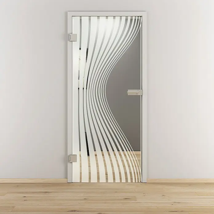 Diamond Doors Glasdrehtür 543 - 709 x 1.972 mm, DIN Anschlag: Links, Klarglas - Moderne Glastür mit geschwungenem Streifendesign. Die Tür hat silberne Beschläge und einen weißen Rahmen, passend zu hellen Räumen.