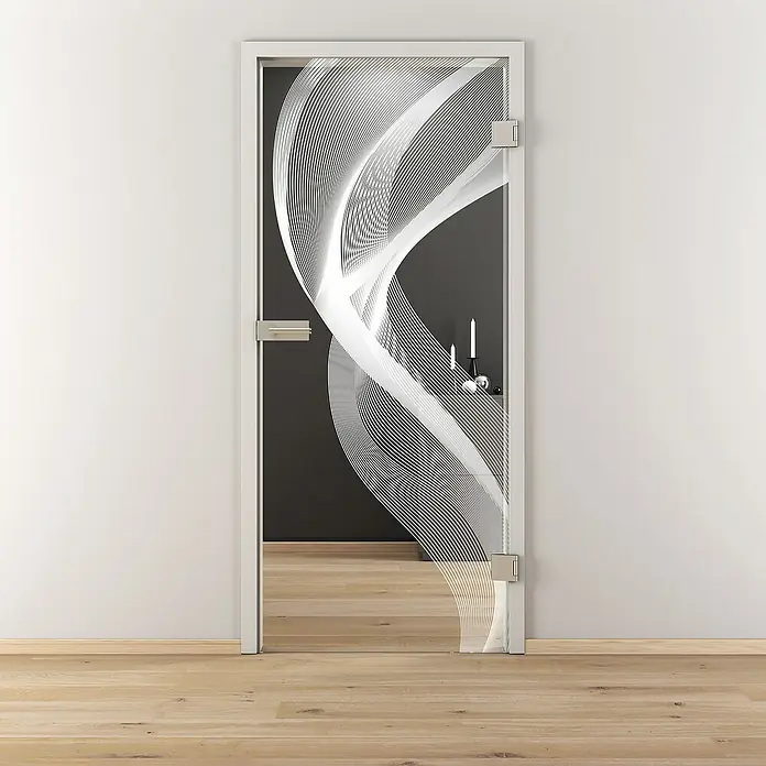 Diamond Doors Glasdrehtür 636 - 959 x 1.972 mm, DIN Anschlag: Rechts, Klarglas - Elegante Glastür mit abstraktem Wellenmuster, die ein modernes Ambiente schafft und gleichzeitig Privatsphäre bietet.