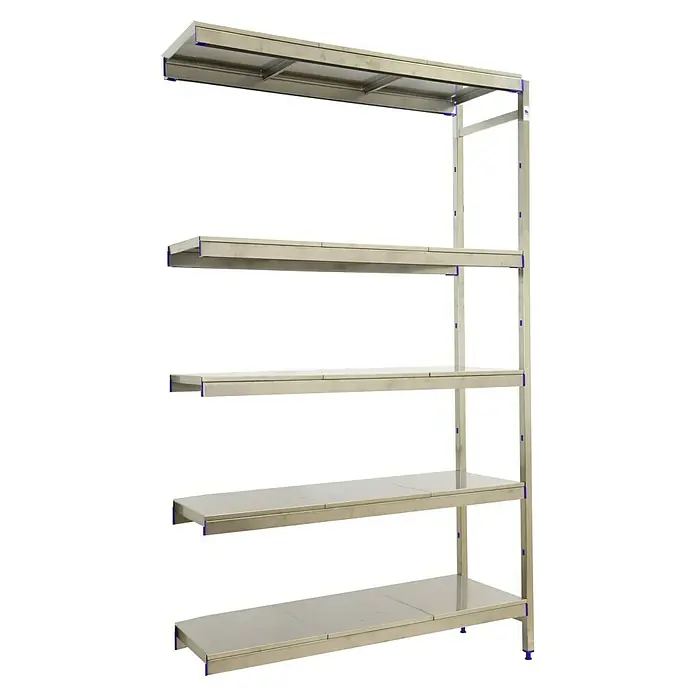 Simonrack Simoninox Metallregal Anbauelement - H x B x T: 160 x 126 x 40 cm, Traglast pro Boden: 200 kg, Anzahl Böden: 5 Stk., Stecken, Material Boden: Edelstahl - Das Bild zeigt ein silberfarbenes Metallregal mit fünf Ebenen, das für Lagerzwecke konzipiert ist und Stabilität und Funktionalität bietet.