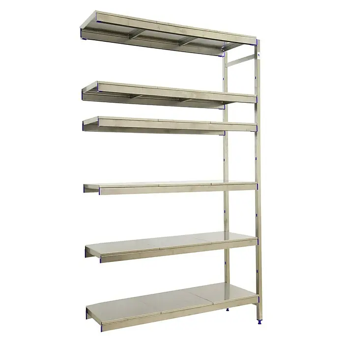 Simonrack Simoninox Metallregal Anbauelement - H x B x T: 200 x 166 x 40 cm, Traglast pro Boden: 200 kg, Anzahl Böden: 6 Stk., Stecken, Material Boden: Edelstahl - Das Bild zeigt ein stabiles, mehrstöckiges Metallregal mit hellen Oberflächen, ideal für Lagerung und Organisation verschiedener Gegenstände.