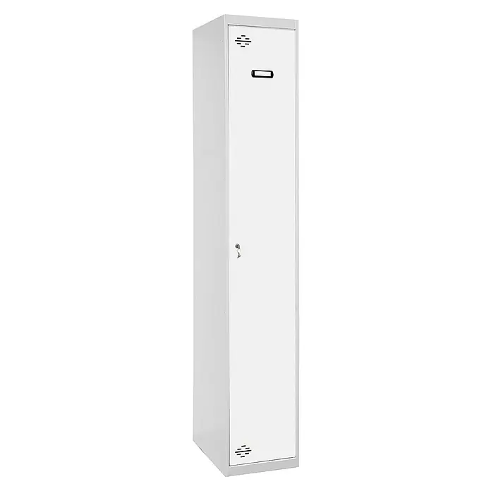 Simonrack Simonlocker Taquilla Prof. Single - L x An x Al: 50 x 40 x 180 cm, Número de puertas: 1 ud., Gris/Blanco - Imagen de un armario metálico blanco con cerradura en la puerta, ideal para guardar objetos personales de forma segura en escuelas o vestuarios.