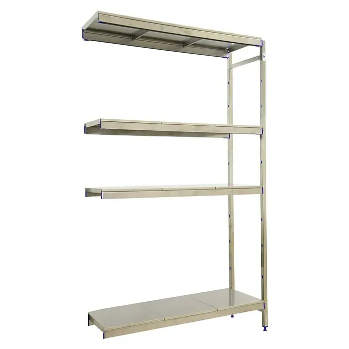 Simonrack Simoninox Metallregal Anbauelement - H x B x T: 200 x 126 x 50 cm, Traglast pro Boden: 200 kg, Anzahl Böden: 4 Stk., Stecken, Material Boden: Edelstahl - Das Bild zeigt ein mehrstöckiges Regal aus Edelstahl mit blauen Akzenten, ideal für Lagerung und Präsentation.
