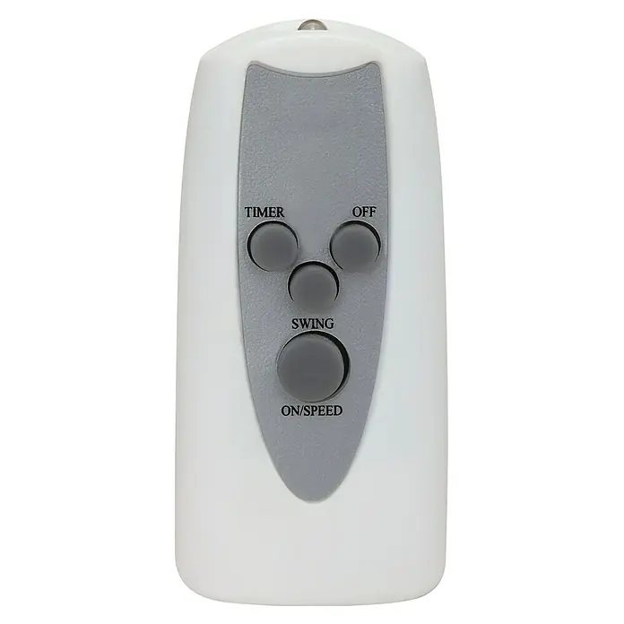 Proklima Wandventilator - Weiß, 40 cm - Nahaufnahme der Fernbedienung eines Turmventilators mit den Tasten Timer, Off, Swing und On/Speed.