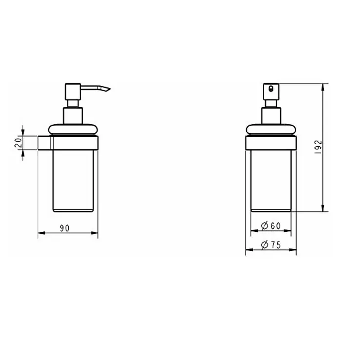 Lenz Pearl Seifenspender - Glas, Nickel - Schemazeichnung eines Seifenspenders mit den Maßen 90 x 75 mm für die Basis und einer Höhe von 261 mm, dargestellt in zwei Ansichten.