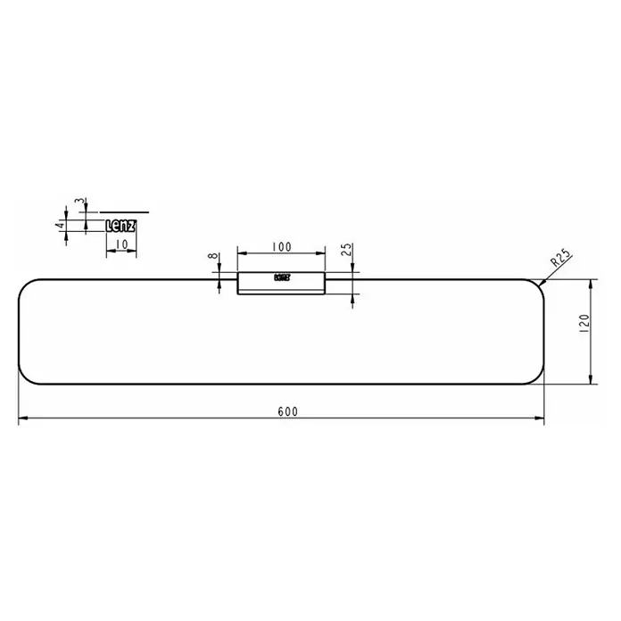 Lenz Pearl Glasablage - Breite: 60 cm, Nickel, Matt - Schema eines Lenz Produkts mit Abmessungen, einschließlich Länge (600), Breite (120) und Details eines zentralen Bereichs.