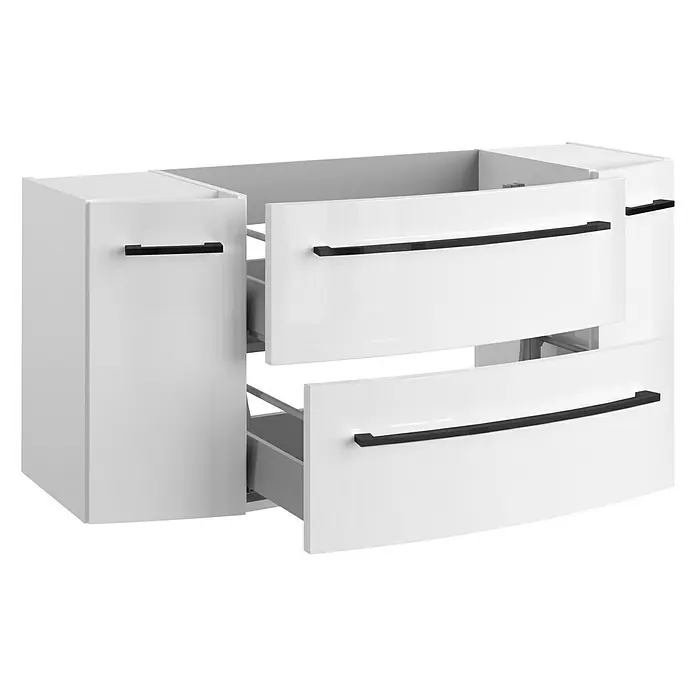 Camargue Swing K Waschtischunterschrank - 119 x 46 x 52 cm, Weiß - Ein moderner weißer Waschtischunterschrank mit zwei Schubladen und schwarzen Griffen. Perfekt für jedes Badezimmer.