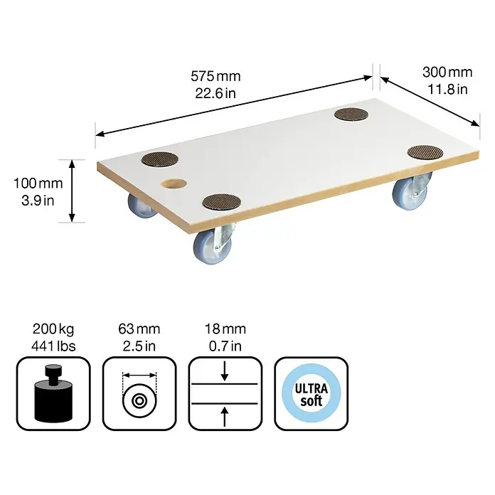 Wagner System Transportroller MM 1318 - L x B x H: 575 x 300 x 100 mm, Traglast: 200 kg, Holz - Abbildung eines Rollbretts mit den Maßen 575 mm x 300 mm und einer Höhe von 100 mm, das bis zu 200 kg tragen kann.